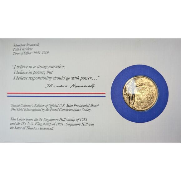 🇺🇸 Theodore Roosevelt Commemorative Medal & Envelope – 24kt Gold Electroplated - Picture 2 of 2